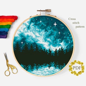 Starry Night Sky Modern Cross Stitch Pattern PDF, Landscape Counted Cross Stitch Chart, Nature, Forest, River, Embroidery, Digital Download