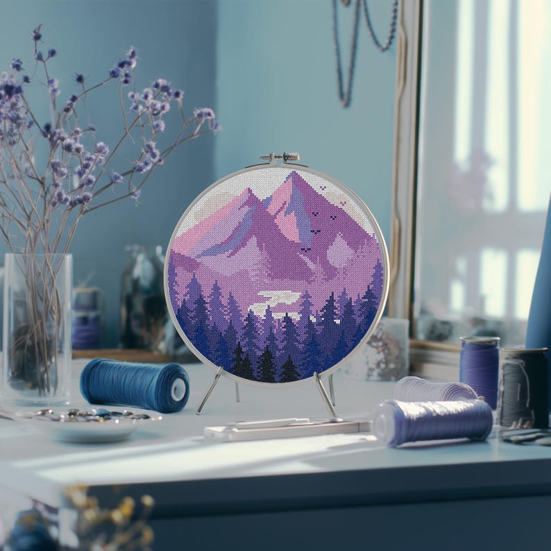 Mountains Modern Cross Stitch Pattern PDF, Lavender Landscape Counted Cross Stitch Chart, Nature, Forest, Hoop Embroidery, Digital Download image 3