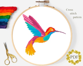 Hummingbird Modern Cross Stitch Pattern PDF, Bird Watercolor Counted Cross Stitch Chart, Nature, Animal, Embroidery, Hoop, Digital Download