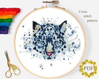 Snow Leopard Modern Cross Stitch Pattern PDF, Animal Watercolor Counted Cross Stitch Chart, Nature Xstitch, Hoop Embroidery Digital Download