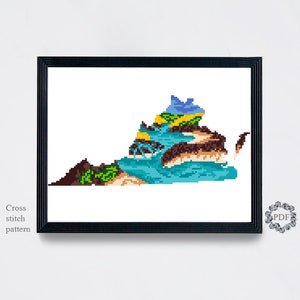 Virginia State Karte moderne Kreuzstichvorlage PDF, Landschaft Amerika Kreuzstichvorlage, Natur, Fluss, Stickerei digitaler Download