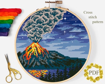 Volcano Eruption Modern Cross Stitch Pattern PDF, Mountain Landscape Counted Cross Stitch Chart, Nature, Hoop Embroidery, Digital Download