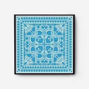 Folk Sampler Modern Cross Stitch Pattern PDF, Monochromatic Flowers Counted Cross Stitch Chart, Pillow, Carpet Embroidery, Digital Download