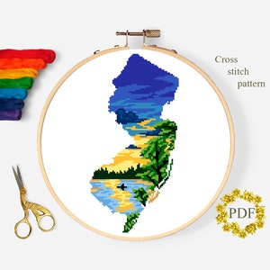 Patrón de punto de cruz moderno del estado de Nueva Jersey PDF, Mapa EE. UU. Gráfico de punto de cruz contado, Paisaje, Río, Naturaleza, Bordado, Descarga digital