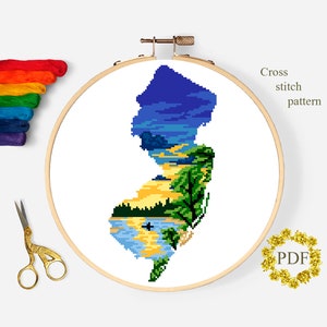 New Jersey State Modern Cross Stitch Pattern PDF, Map USA Counted Cross Stitch Chart, Landscape, River, Nature, Embroidery, Digital Download