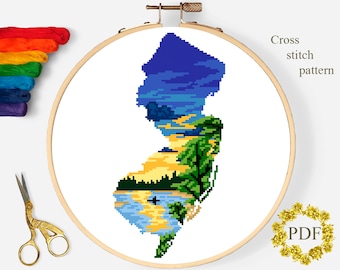 New Jersey State Modern Cross Stitch Pattern PDF, Map USA Counted Cross Stitch Chart, Landscape, River, Nature, Embroidery, Digital Download