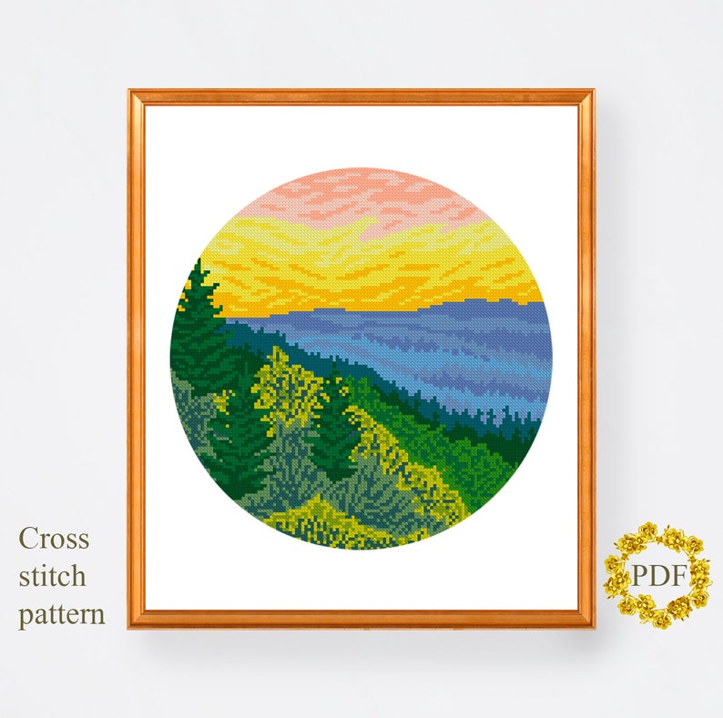 Landscape Modern Cross Stitch Pattern PDF, Sunset Counted Cross Stitch ...