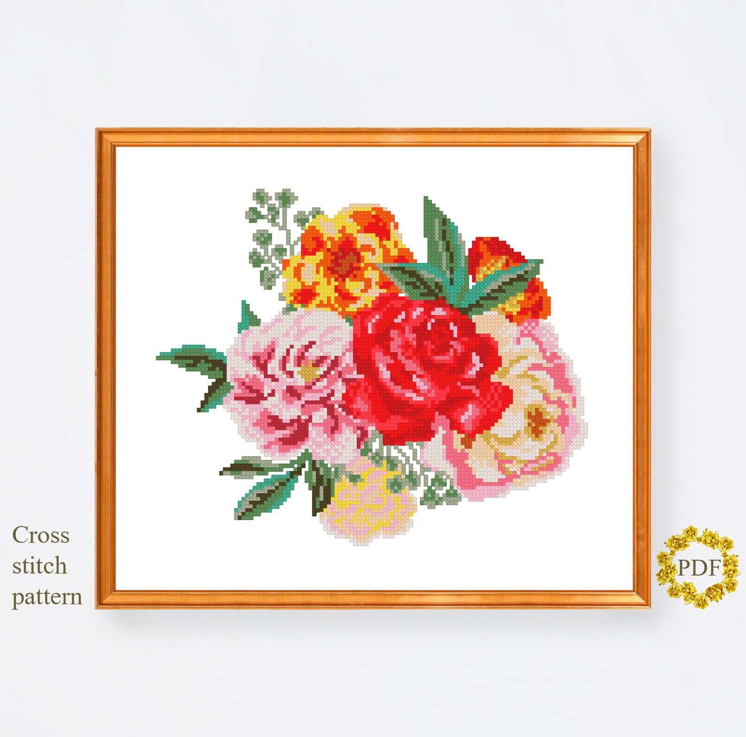 Watercolor Roses Modern Cross Stitch Pattern PDF, Bouquet Flowers ...