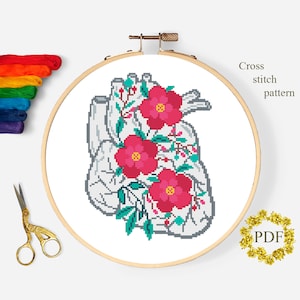 Heart Floral Modern Cross Stitch Pattern PDF, Anatomy Human Counted Cross Stitch Chart, Medical, Flowers, Hoop Embroidery, Digital Download