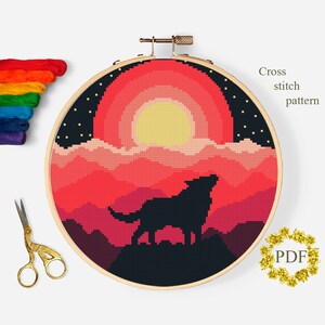 Wolf Silhouette Kreuzstichvorlage PDF, roter Berg Landschaft Kreuzstichvorlage, Mond, Natur, Tier, digitaler Download