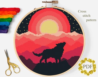 Wolf Silhouette Modern Cross Stitch Pattern PDF, Red Mountain Landscape Counted Cross Stitch Chart, Moon, Nature, Animal, Digital Download