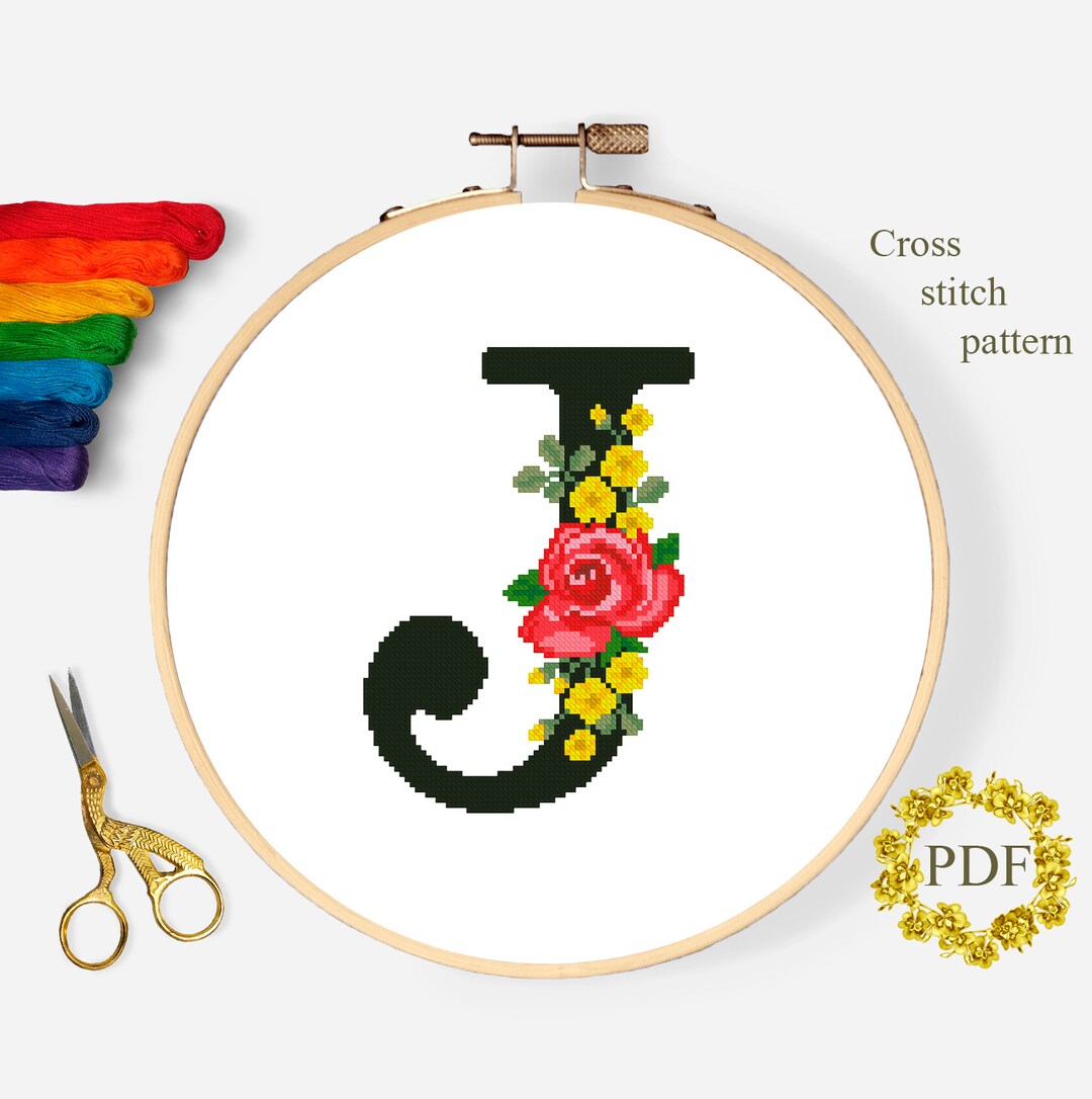 Letter J Modern Cross Stitch Pattern PDF, Monogram Floral Counted Cross