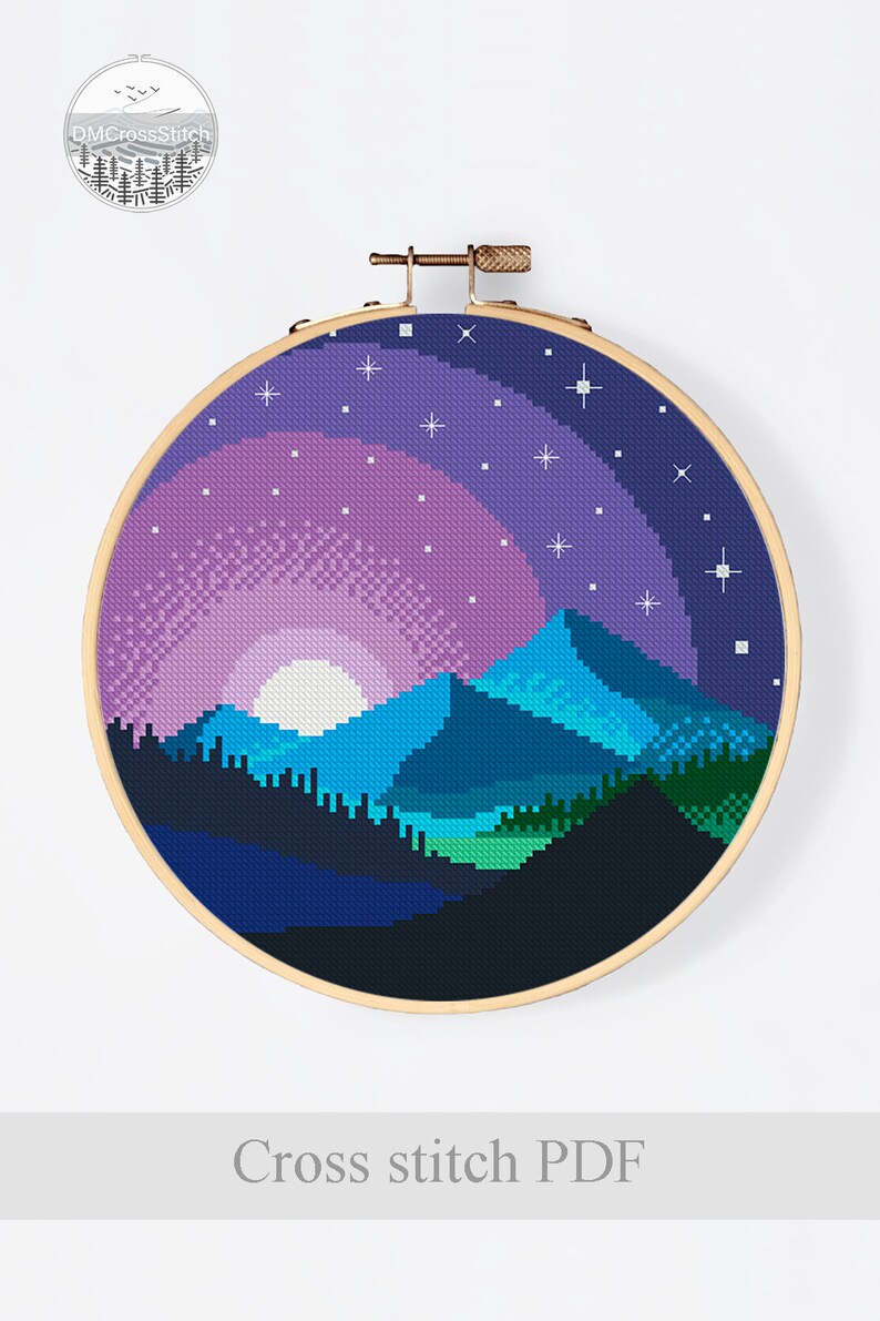 Mountain Landscape Modern Cross Stitch Pattern PDF, Starry Sky Counted ...