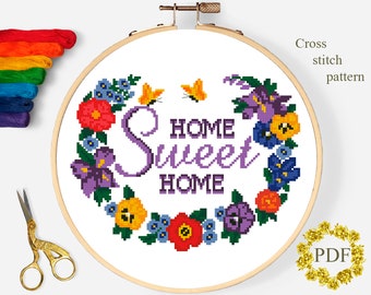 Home Sweet Home Modern Cross Stitch Pattern PDF, Floral Wreath Counted Cross Stitch Chart, Flowers, Nature, Hoop Embroidery Digital Download