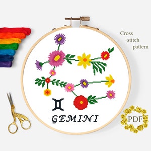 Patrón de punto de cruz moderno Géminis PDF, Gráfico de punto de cruz contado de signos del zodíaco, Flor, Astrología, Bordado floral, Aro, Descarga digital