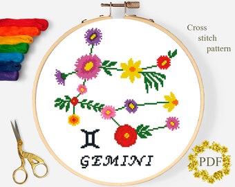 Gemini Modern Cross Stitch Pattern PDF, Zodiac Sign Counted Cross Stitch Chart, Flower, Astrology, Floral Embroidery, Hoop, Digital Download