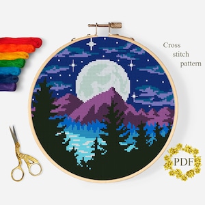 Landschaft modernes Kreuzstichmuster PDF, Berge gezählt Kreuzstichvorlage, Natur, Fluss, Mond, Stern, Hoop Embroidery Digital Download