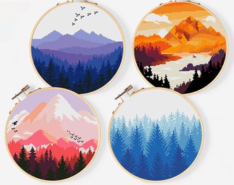 Set Nature Modern Cross Stitch Pattern PDF, Landscape Counted Cross Stitch Chart, Mountains, Forest, River, Hoop Embroidery Digital Download