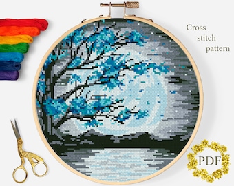 Branch Tree Modern Cross Stitch Pattern PDF, Landscape Counted Cross Stitch Chart, Nature, River, Moon, Stars, Embroidery, Digital Download