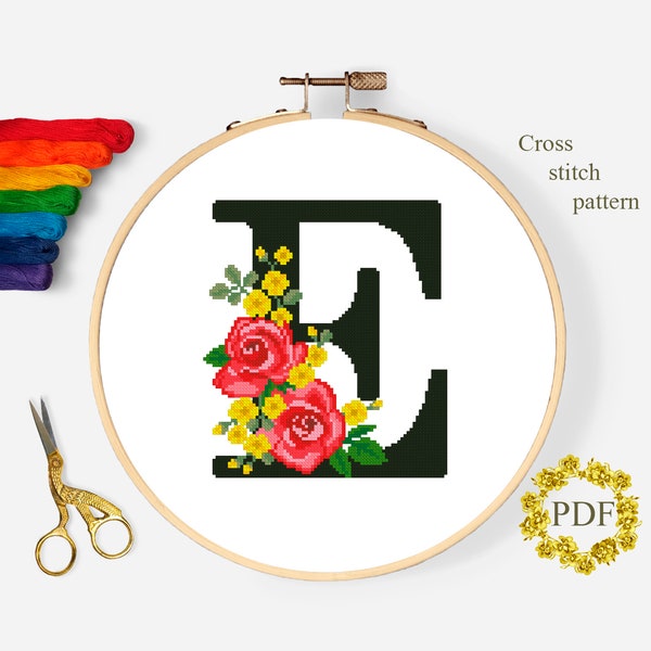 Letter E Modern Cross Stitch Pattern PDF, Monogram Floral Counted Cross Stitch Chart, Flowers Roses, Hoop Art Embroidery, Digital Download