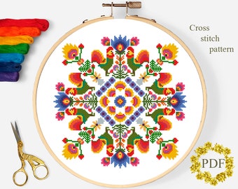 May include: A colorful cross stitch pattern featuring a symmetrical design with stylized flowers, birds, and geometric shapes. The pattern is framed in a wooden embroidery hoop. The text "Cross stitch pattern" is written in the top right corner of the image.