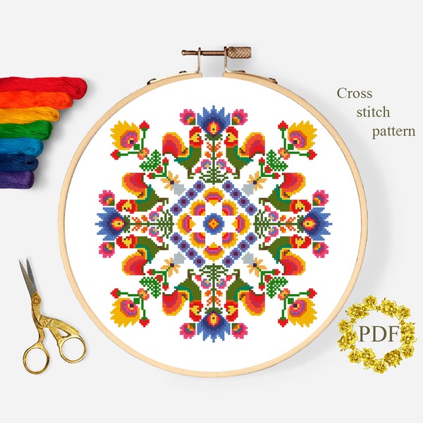 Polish Folk Art Modern Cross Stitch Pattern, Flowers Counted Cross Stitch Chart, Floral, Nature, Hoop Geometric Embroidery, Digital Download