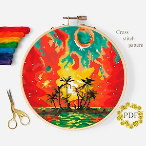 Sea Sunset Modern Cross Stitch Pattern, Landscape Counted Cross Stitch Chart, Nature, Ocean, Palm Trees, Hoop Embroidery, Digital Download
