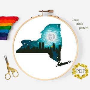 New York State Karte moderne Kreuzstichvorlage PDF, Nacht Stadt Kreuzstichvorlage, Landschaft, Natur, Stickerei, digitaler Download