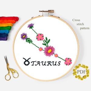 Patrón de punto de cruz moderno Tauro PDF, Signo del zodíaco floral Gráfico de punto de cruz contado, Astrología, Flores, Bordado de aro, Descarga digital