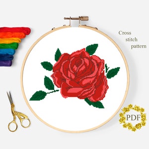 Red Rose Modern Cross Stitch Pattern PDF, Flower Counted Cross Stitch Chart, Floral Cross Stitch, Nature, Hoop Embroidery, Digital Download