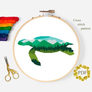 Schildkröte Kreuzstichvorlage PDF, Silhouette Tier Zählung Kreuzstichvorlage, Berglandschaft, Natur Stickerei digitaler Download