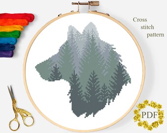 Wolf Silhouette Modern Cross Stitch Pattern, Foggy Landscape Counted Cross Stitch Chart, Nature, Forest, Animal, Embroidery, Download PDF