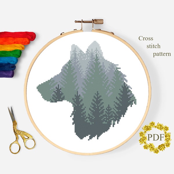 Wolf Silhouette Modern Cross Stitch Pattern, Foggy Landscape Counted Cross Stitch Chart, Nature, Forest, Animal, Embroidery, Download PDF