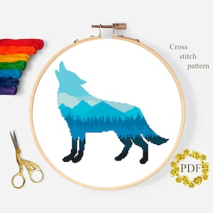 Wolf Silhouette moderne Kreuzstichvorlage PDF, Berglandschaft Kreuzstichvorlage, Tier, Natur Stickerei, digitaler Download