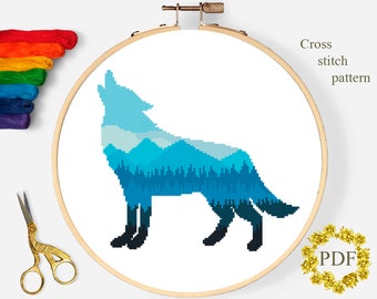 Wolf Silhouette Modern Cross Stitch Pattern PDF, Mountain Landscape Counted Cross Stitch Chart, Animal, Nature Embroidery, Digital Download