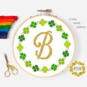 Monogramm Moderne Kreuzstich Anleitung, viel Glück, Buchstabe B Alphabet Xstich, vierblättriges Kleeblatt, St Patrick's day, Download PDF