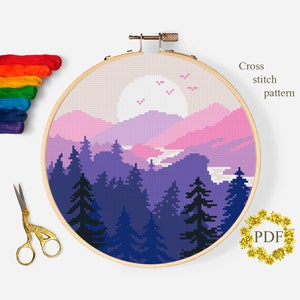 Sonnenuntergang Kreuzstich Stickvorlage PDF, Berglandschaft Kreuzstichvorlage, Stickvorlage Zählbild, digitaler Download