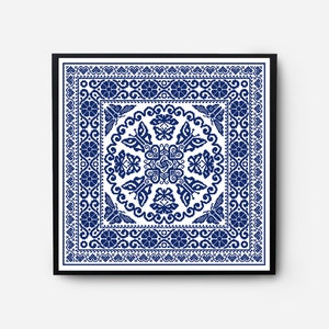 May include: A framed square artwork with a blue and white geometric pattern featuring butterflies and floral motifs. The design is reminiscent of traditional embroidery.