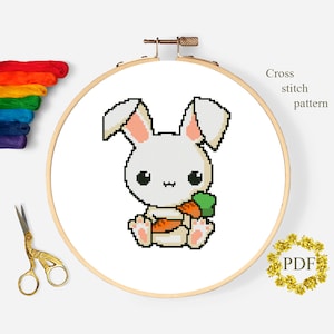 Rabbit Modern Cross Stitch Pattern PDF, Cute Animal Counted Cross Stitch Chart, Baby, Nursery, Kids, Hoop Art Embroidery, Digital Download