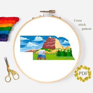 Nebraska State Map Modern Cross Stitch Pattern PDF, Landscape America Counted Cross Stitch Chart, Nature, Rocks, Embroidery Digital Download