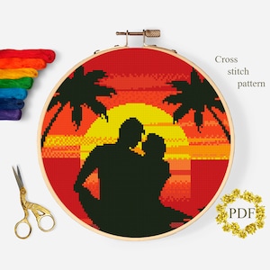 Sea Sunset Modern Cross Stitch Pattern PDF, Landscape Counted Cross Stitch Chart, Nature, Couple, Love, Hoop Art Embroidery Digital Download