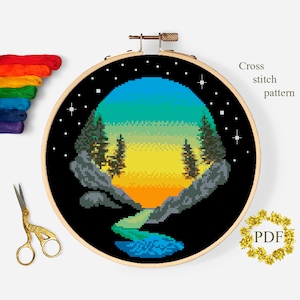 Landscape Modern Cross Stitch Pattern PDF, Sunset Counted Cross Stitch Chart, Nature, River, Forest, Trees, Hoop Embroidery Digital Download