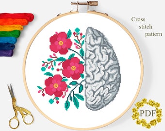 Human Brain Modern Cross Stitch Pattern PDF, Anatomical Floral Counted Cross Stitch Chart, Medical, Flower, Hoop Embroidery Digital Download