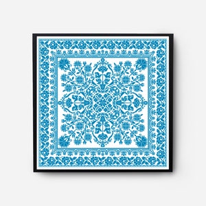Folk Sampler Modern Cross Stitch Pattern PDF, Monochromatic Flowers Counted Cross Stitch Chart, Pillow, Carpet Embroidery, Digital Download