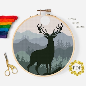 Deer Silhouette Modern Cross Stitch Pattern PDF, Mountain Landscape Counted Cross Stitch Chart, Forest, Animal, Embroidery, Digital Download