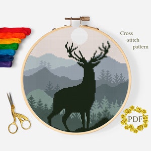 Hirsch Silhouette Modernes Kreuzstichmuster PDF, Berglandschaft Kreuzstichvorlage, Wald, Tier, Stickerei, digitaler Download