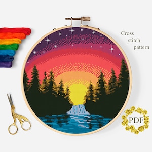 Landscape Modern Cross Stitch Pattern PDF, Sunset Counted Cross Stitch Chart, Nature, River, Forest, Tree, Hoop Embroidery, Digital Download