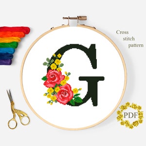 Letra G Moderno Padrão de Ponto Cruz PDF, Monograma Floral Contado Gráfico de Ponto Cruz, Flores Rosas, Bordado de Arte em Argola, Download Digital