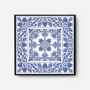 Folk Sampler Modern Cross Stitch Pattern PDF, Monochromatic Flowers Counted Cross Stitch Chart, Pillow, Carpet Embroidery, Digital Download