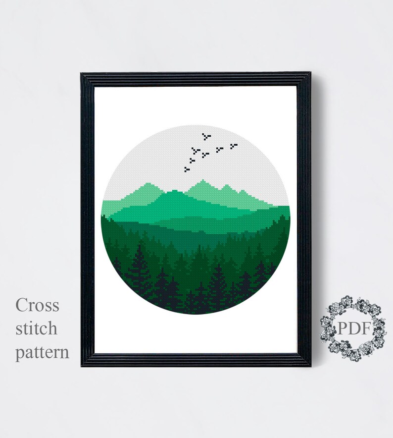 Mountain Landscape Modern Cross Stitch Pattern PDF, Forest Counted ...